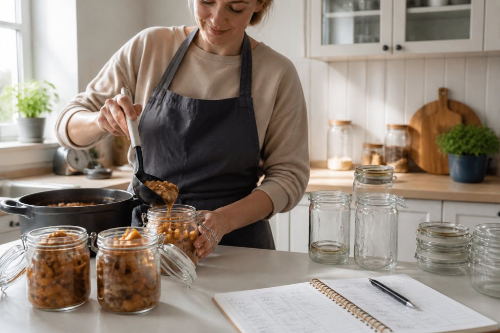 Eine Person füllt portionierte herzhafte Eintöpfe in einzelne Weckgläser an einer hellen Küchentheke, mit einem Notizbuch und einem handgeschriebenen Wochenplan daneben, aufgeräumte moderne Küche mit natürlichem Tageslicht