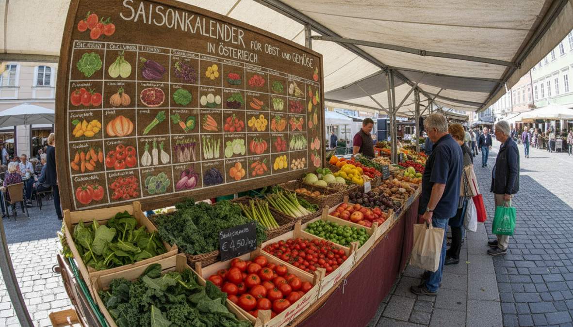 Bunte Auslage von frischem Saisongemüse und Obst auf einem österreichischen Wochenmarkt, darunter Kürbisse, Äpfel, Tomaten und Kräuterbündel, warmes Herbstlicht, Holzregale mit handgeschriebenen Preistaferln