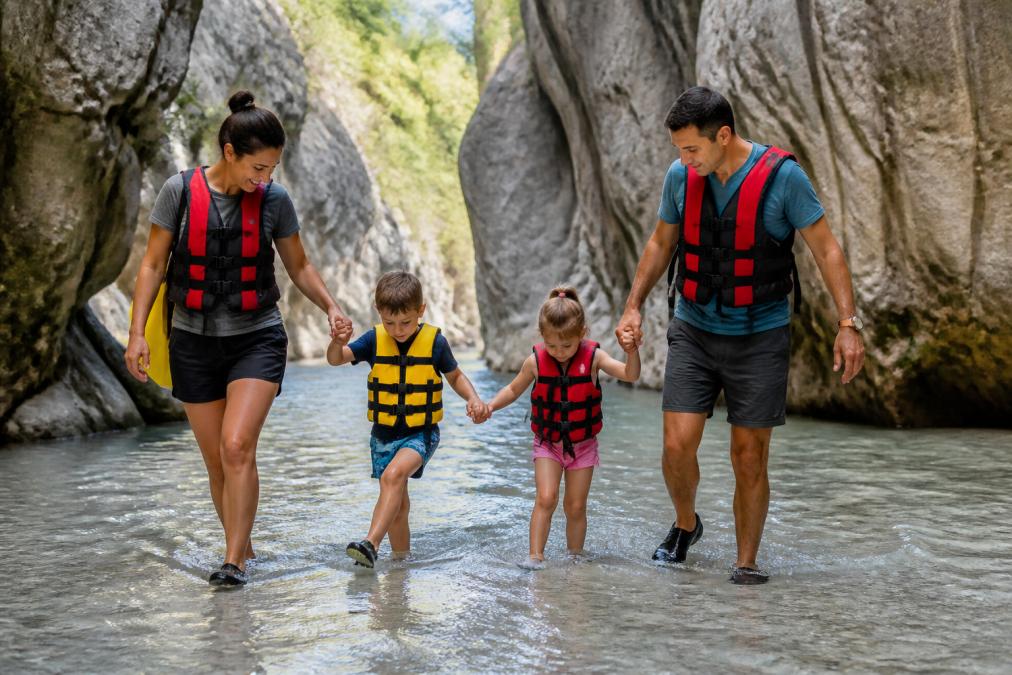 A family with two young children wading in shallow water at the edge of a canyon stream, wearing water shoes and life vests, with adults holding the children's hands and a rocky canyon wall visible behind them