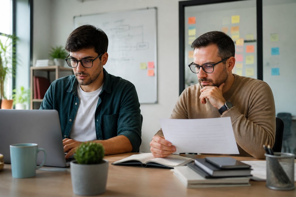 Dos profesionales de datos en un escritorio, uno revisando código en pantalla y otro consultando un informe en papel, en una oficina luminosa con pizarras al fondo