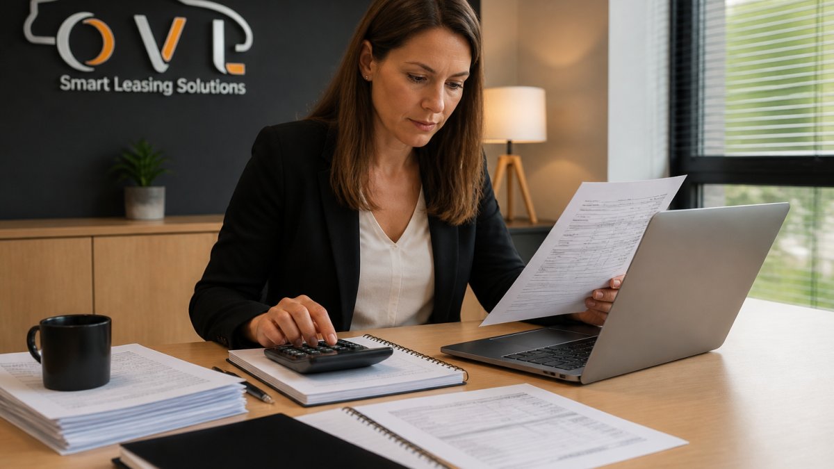 Finance professional at desk reviewing salary sacrifice documents and student loan statements on laptop with calculator visible, modern office lighting