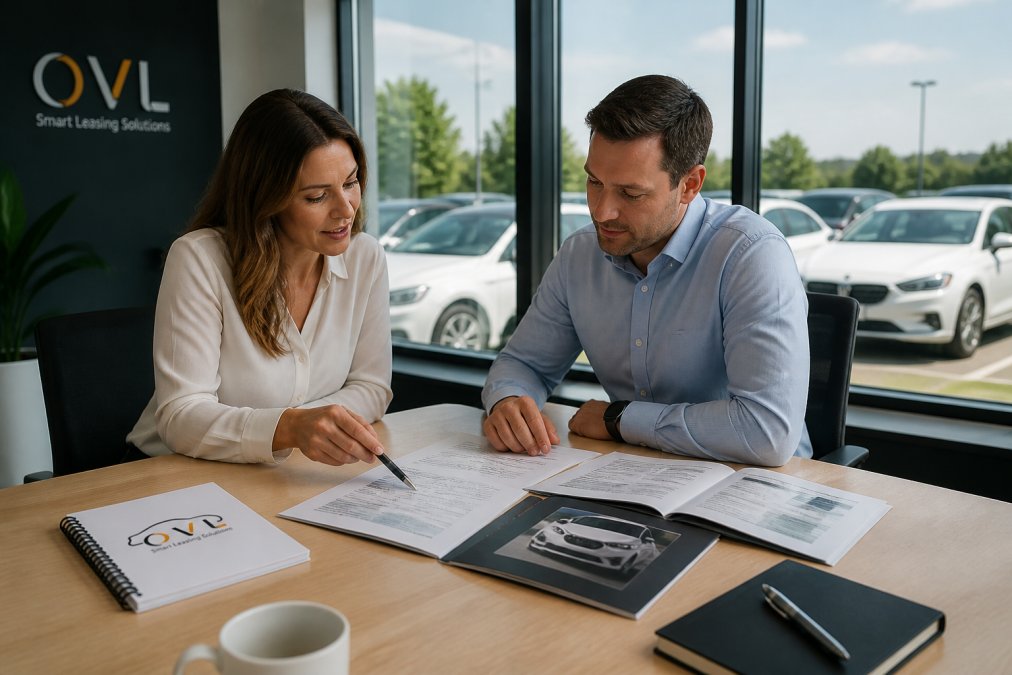 Fleet manager and business owner reviewing vehicle leasing options and salary sacrifice scheme documents in a bright modern office, with fleet vehicles visible through the window