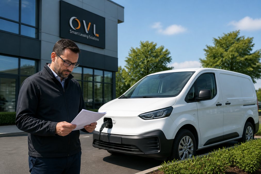 A fleet manager reviewing paperwork next to a new electric van outside a modern office building on a bright day