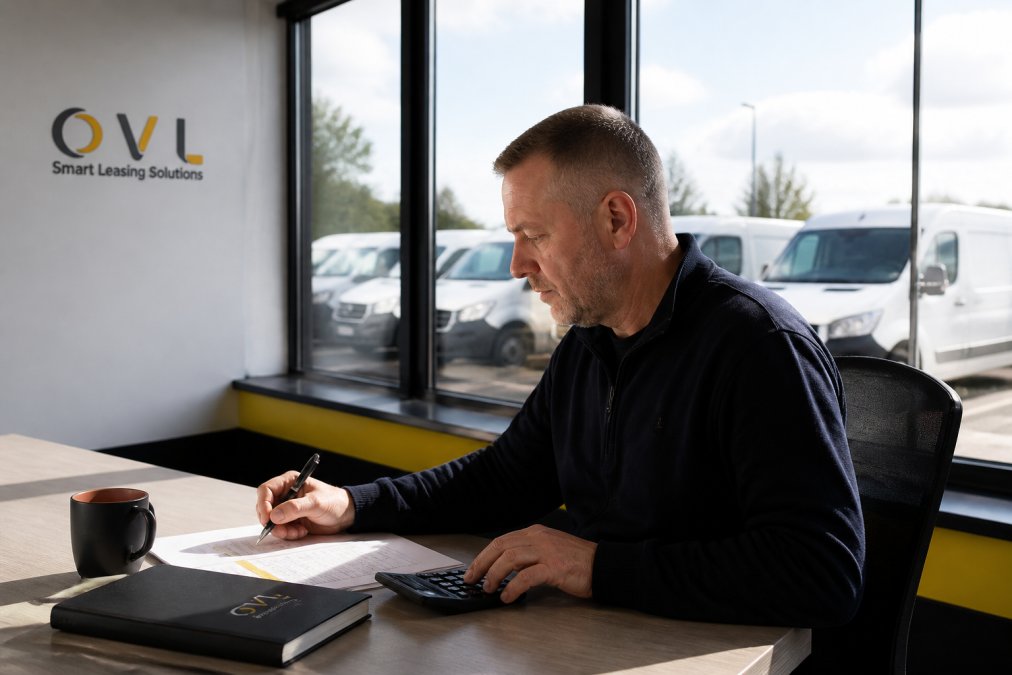 Fleet manager reviewing vehicle benefit in kind tax calculations and HMRC regulations on computer screen in modern office, with company vans visible through window