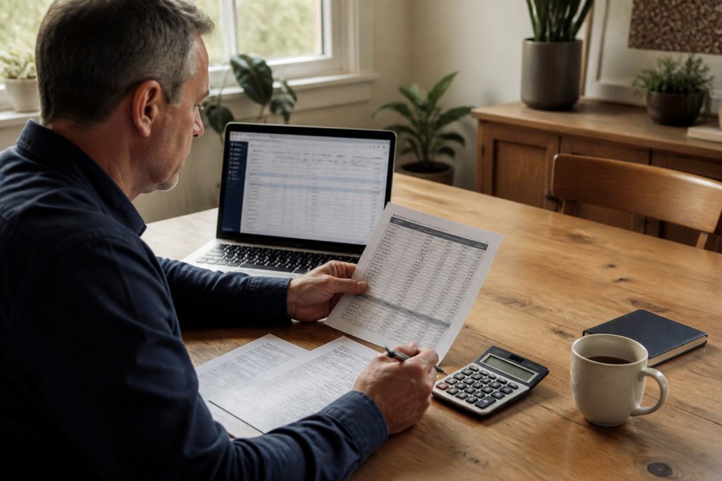 A small business owner at a wooden desk reviewing financial documents and a laptop showing tax software, with a calculator and coffee cup nearby in a bright home office