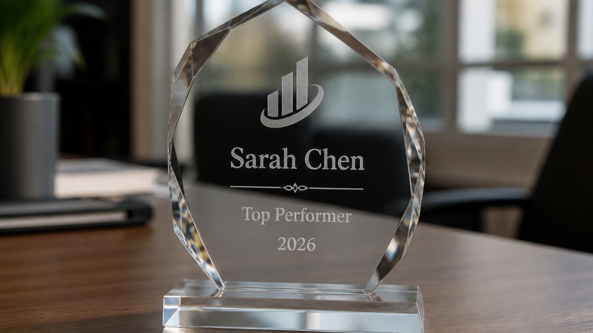 Close-up of an engraved crystal award plaque displaying a recipient's name "Sarah Chen," achievement "Top Performer 2026," and company logo in professional office lighting