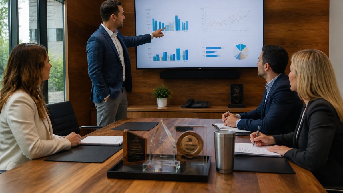 Sales team gathered around a conference table reviewing performance dashboards and quarterly revenue targets on a large monitor, natural office lighting