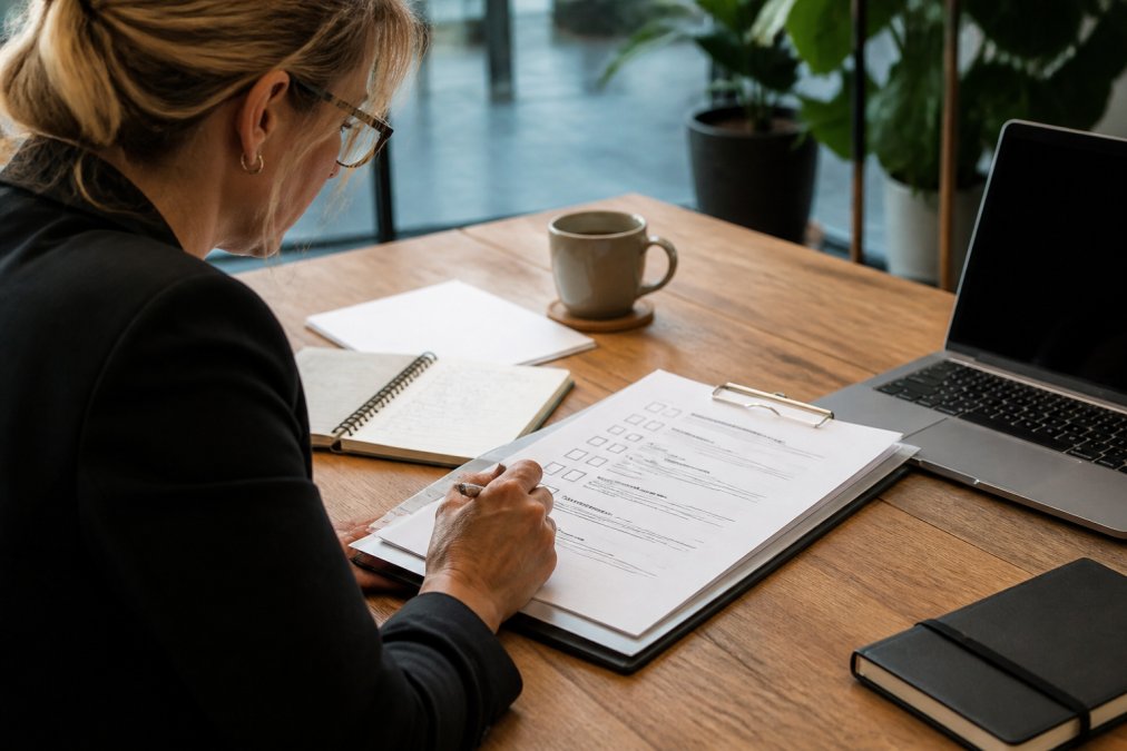 Business professional reviewing a detailed checklist and notes at a desk with a laptop, coffee cup, and pen nearby, natural office lighting