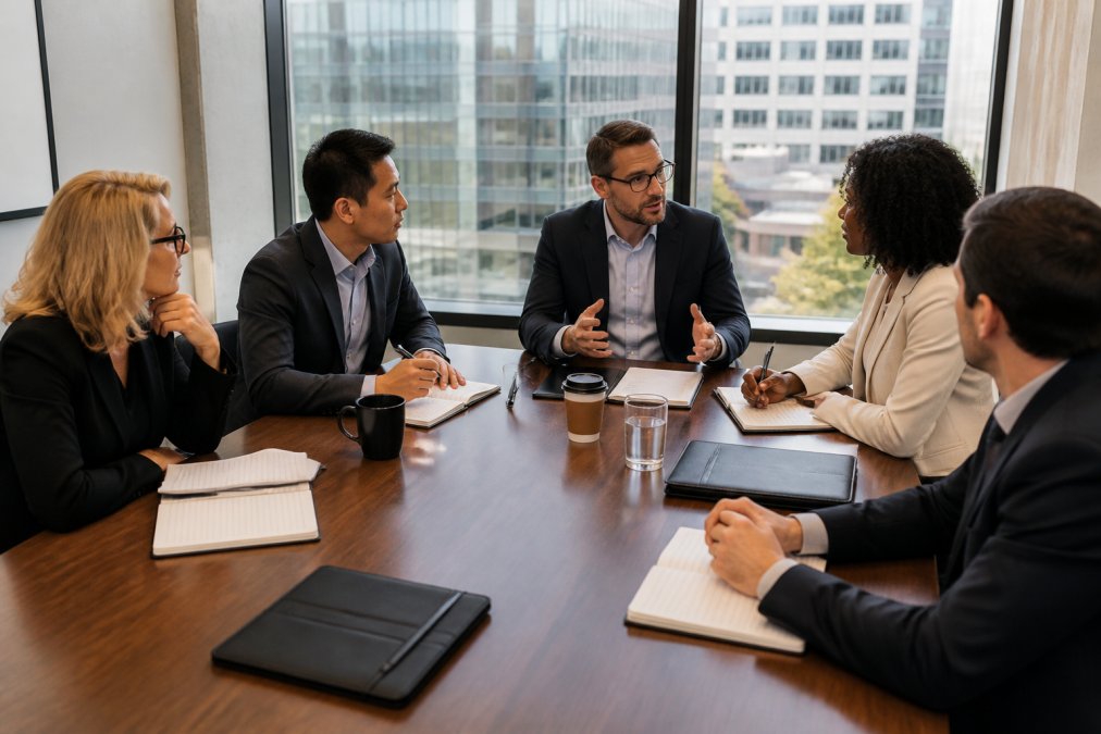 Team of sales leaders and managers collaborating around a conference table with notebooks and laptops, discussing strategy and reviewing notes