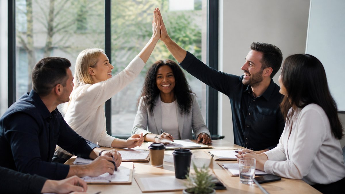 Sales team members gathered around a conference table reviewing performance metrics together, with colleagues smiling and high-fiving while celebrating a team achievement in natural office lighting