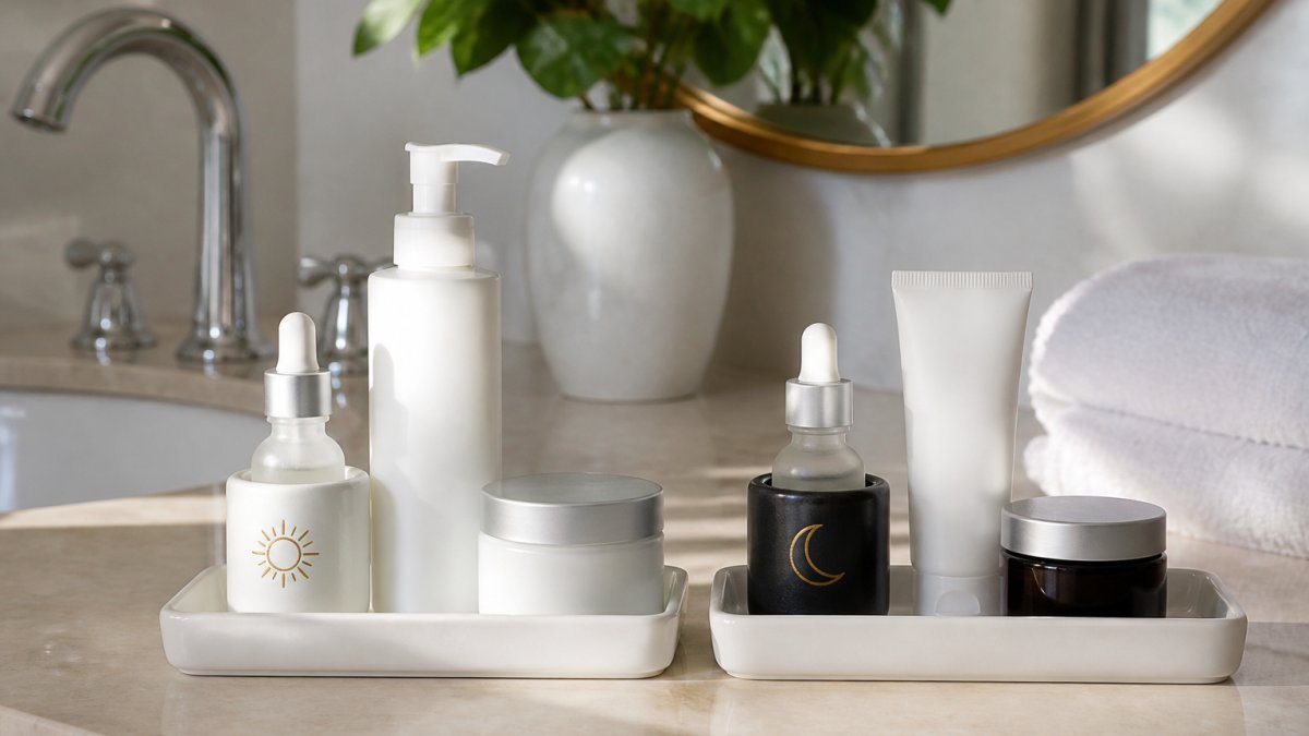 Close-up of professional-grade skincare products including salicylic acid cleanser and retinol serum arranged on a clean bathroom counter with soft morning light, showing organized morning and evening routine setup