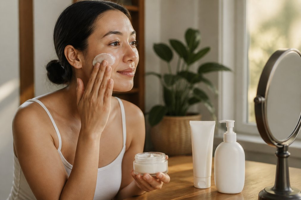 A woman gently applying a thick, white moisturizer to her face with clean fingertips, sitting at a bright vanity with a broad-spectrum sunscreen bottle and a simple cleanser arranged neatly beside her in warm morning light