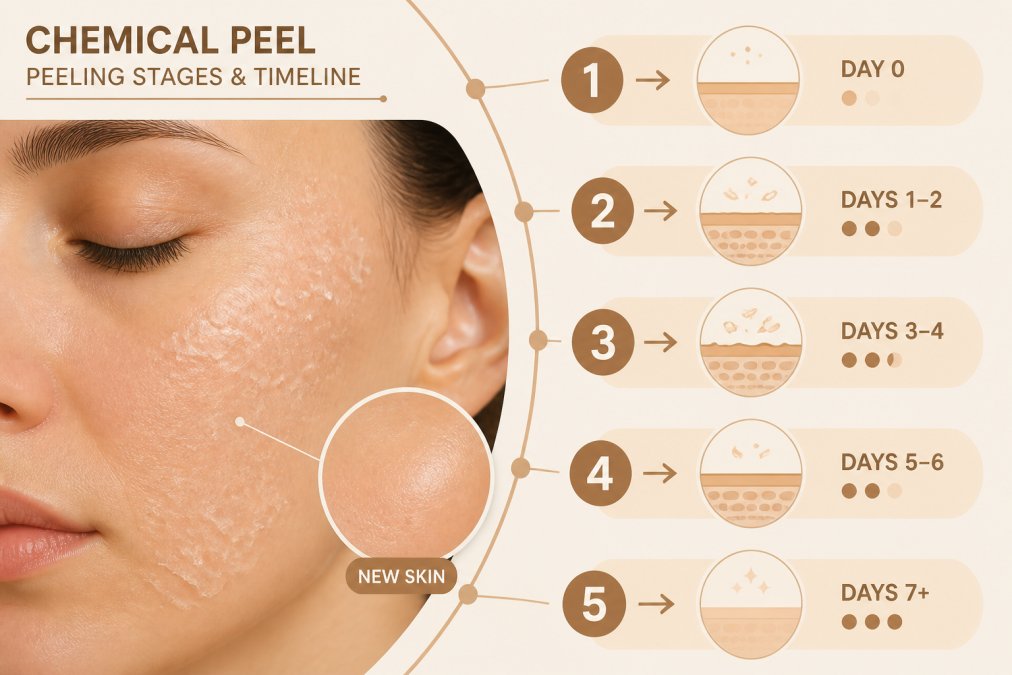 Close-up of skin texture showing visible flaking and desquamation on cheek, with natural light highlighting the peeling process and renewed skin underneath