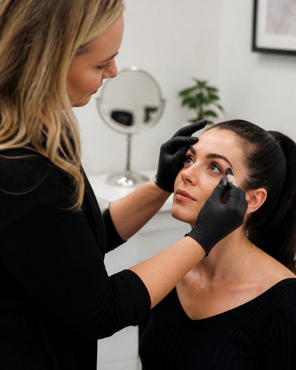 Close-up of a woman's brow area being gently examined by a technician wearing gloves in a clean, softly lit treatment room, with a small mirror on the counter