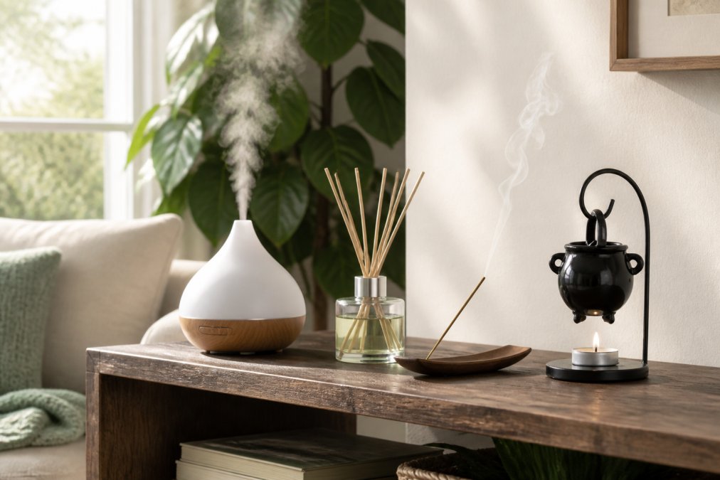 Serene living room shelf displaying multiple fragrance delivery methods side by side, an ultrasonic diffuser with visible mist, a glass reed diffuser with wooden sticks, and a decorative incense holder with smoke wisping upward, natural afternoon light streaming through a window