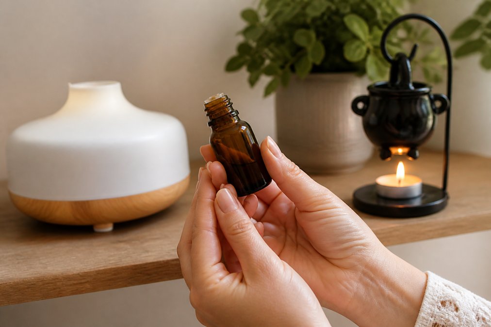 Close-up of hands holding a premium essential oil bottle with amber glass next to a sleek, modern ultrasonic diffuser on a minimalist wooden shelf, natural soft lighting highlighting the quality materials