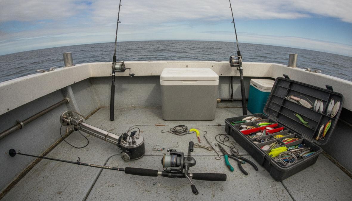 Complete salmon trolling gear laid out on boat deck showing medium-heavy rod with reel, downrigger, tackle box with organized spoons and plugs, braided line spool, leader material, and flashers arranged on white surface with water visible in background