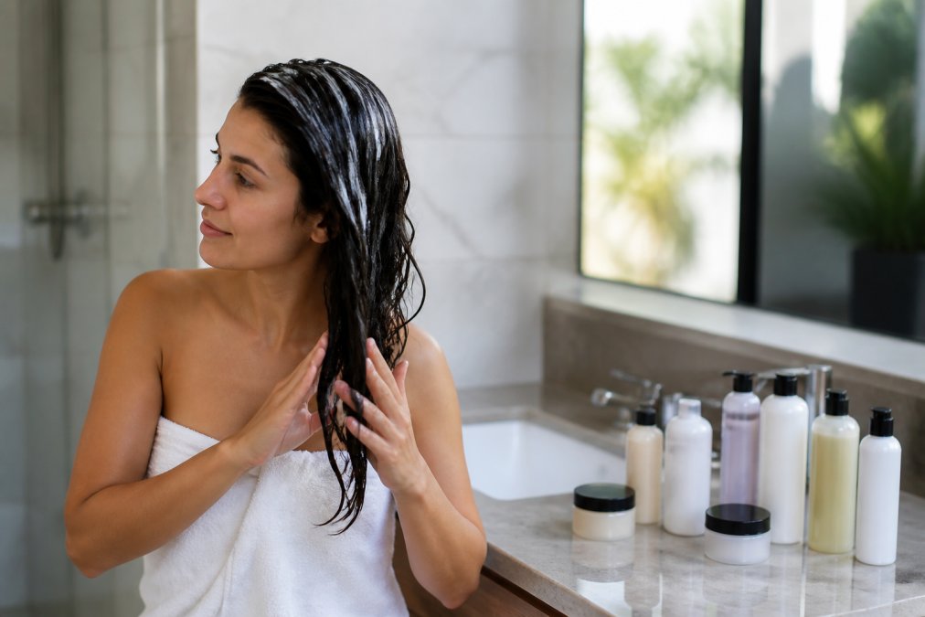A woman with wet hair applying a hair mask in a bright bathroom, with several salon-grade product bottles lined up on the counter