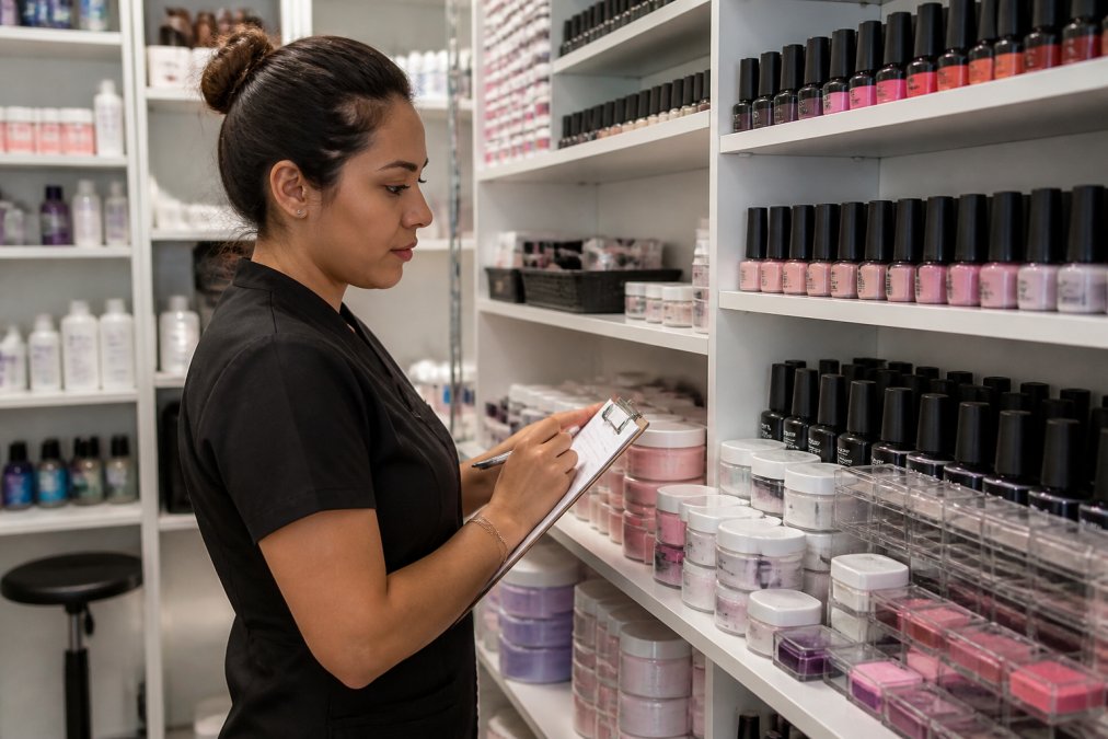 A nail technician organizing shelves of gel polish bottles and acrylic powders in a well-lit salon storage area, holding a clipboard with a checklist