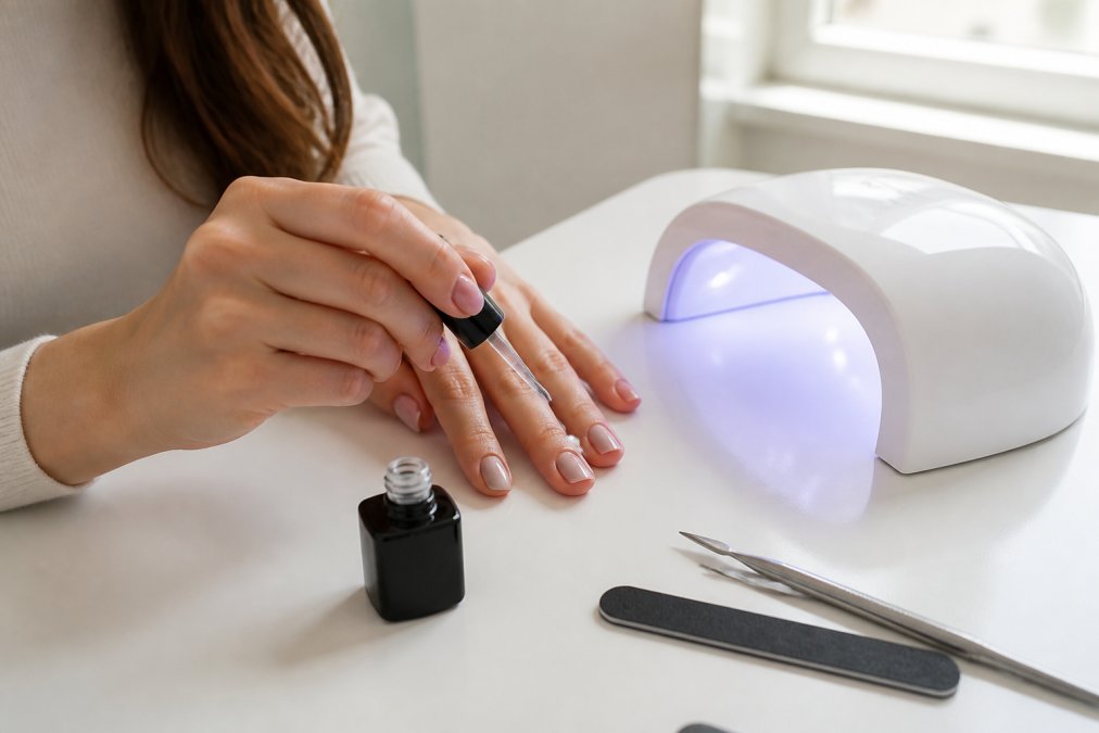 Woman applying thin layers of gel polish with an LED lamp for salon quality nails on a bright tabletop