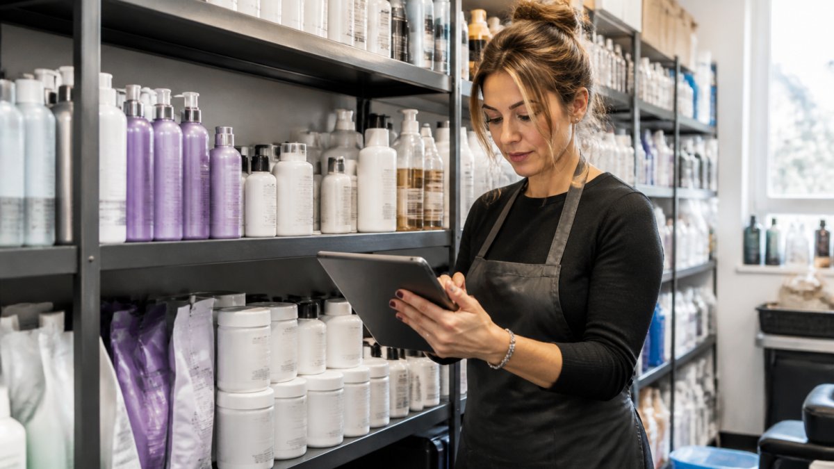Salon owner reviewing inventory data on a tablet while standing near shelves of professional hair care products, bleaching powders, and color bottles in organized salon storage area with natural lighting