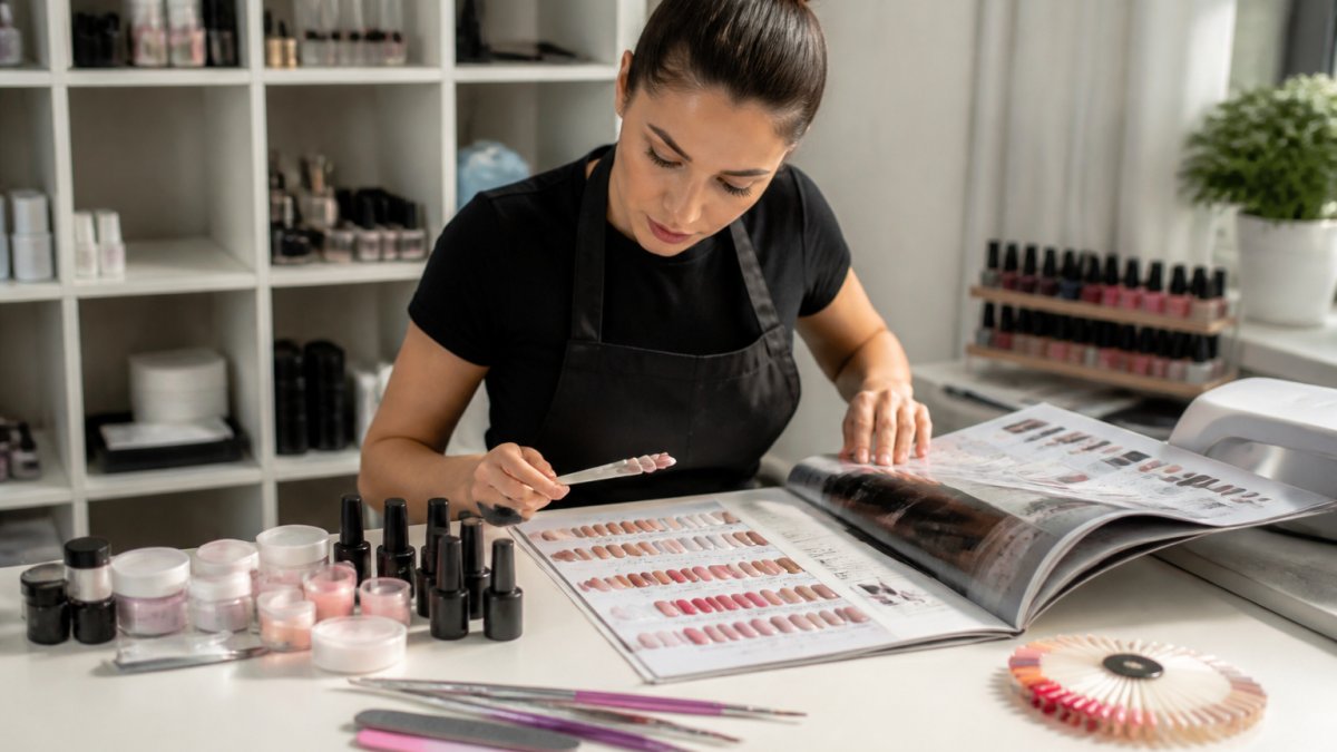 Professional nail technician at a salon workstation reviewing supplier catalogs and product samples on a desk with gel polish bottles, acrylic powder containers, and nail tools visible