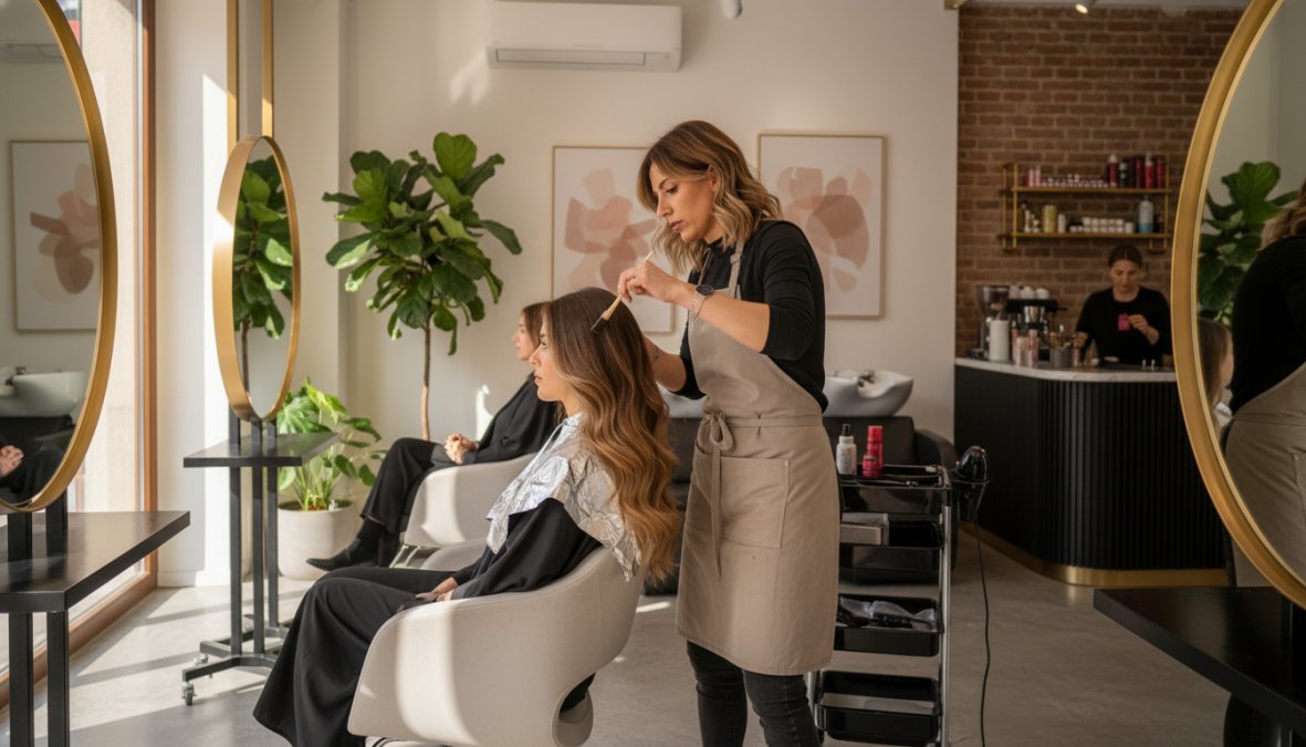 Una hair stylist professionista con guanti neri applica una tecnica di balayage su ciocche di capelli castani di una cliente seduta, in un moderno salone di bellezza milanese con arredi chiari, specchi illuminati e luce naturale che filtra da ampie finestre