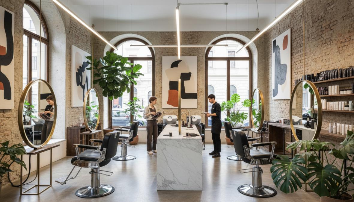 Interno elegante di un salone parrucchiere milanese con atmosfera pop: specchi illuminati a LED disposti in fila, postazioni di styling in marmo bianco con sedute in velluto verde, una cliente seduta che riceve una consulenza immagine da una parrucchiera in uniforme nera, luce soffusa e piante tropicali come elementi decorativi
