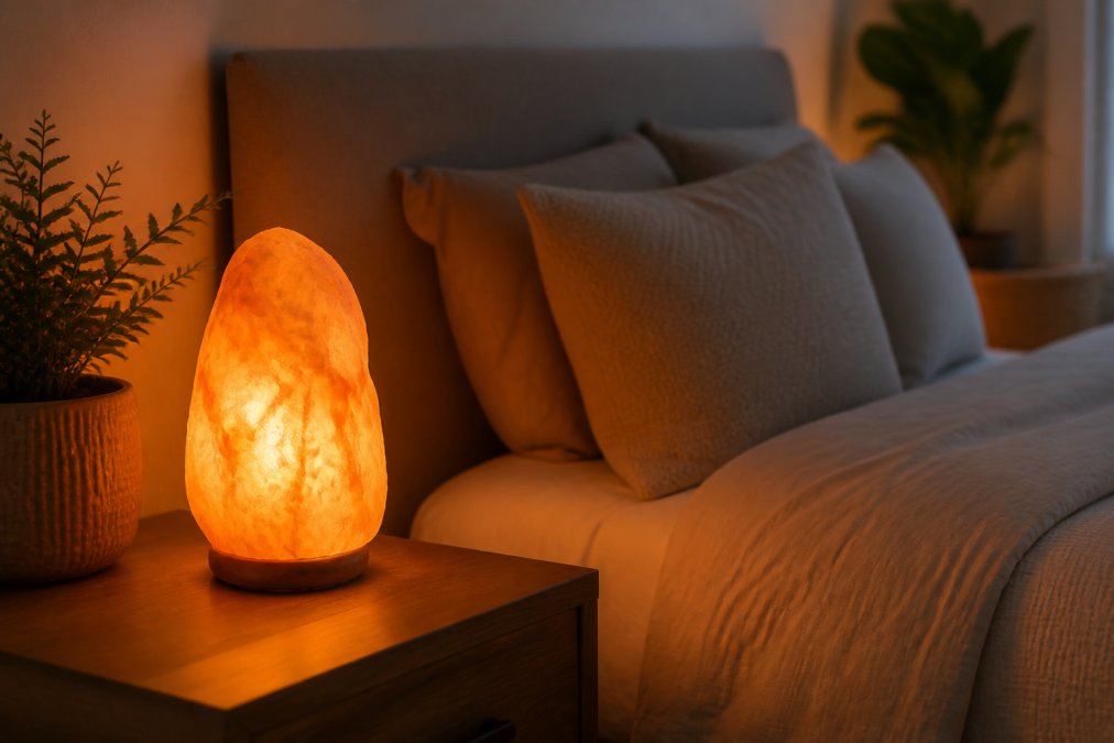 A warm, glowing Himalayan salt lamp on a nightstand in a dimly lit bedroom, creating soft amber light that fills the room with a calming, tranquil atmosphere