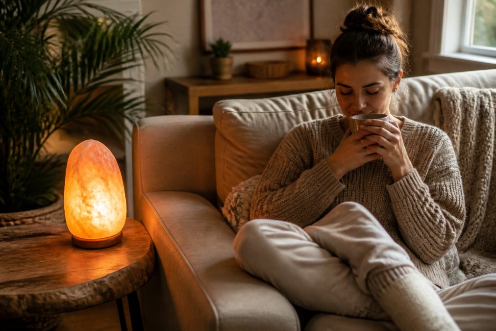 A person relaxing on a couch near a lit salt lamp, holding a warm beverage, appearing calm and peaceful in their home environment