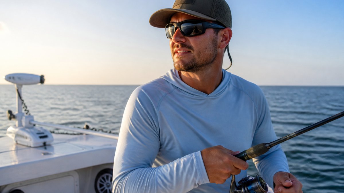 Angler on a boat deck wearing a custom patch hat and long-sleeve performance shirt, squinting into bright morning sun over open water, rod in hand