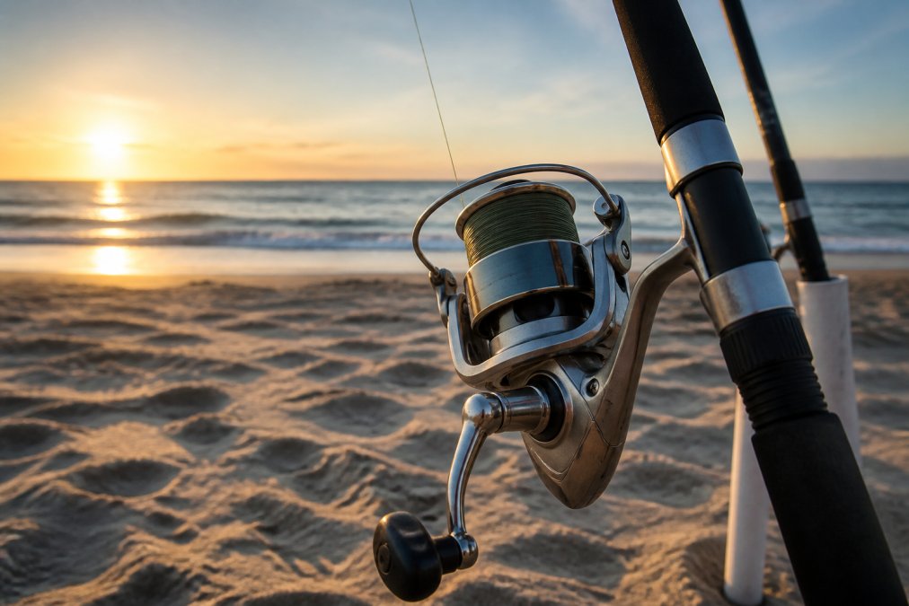 Close-up of a saltwater spinning reel mounted on a surf rod, sand and ocean waves in the background, morning light
