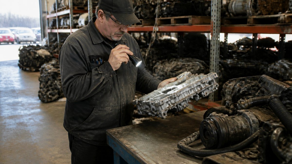 Mechanic using a flashlight to inspect salvaged car parts for cracks on a workbench