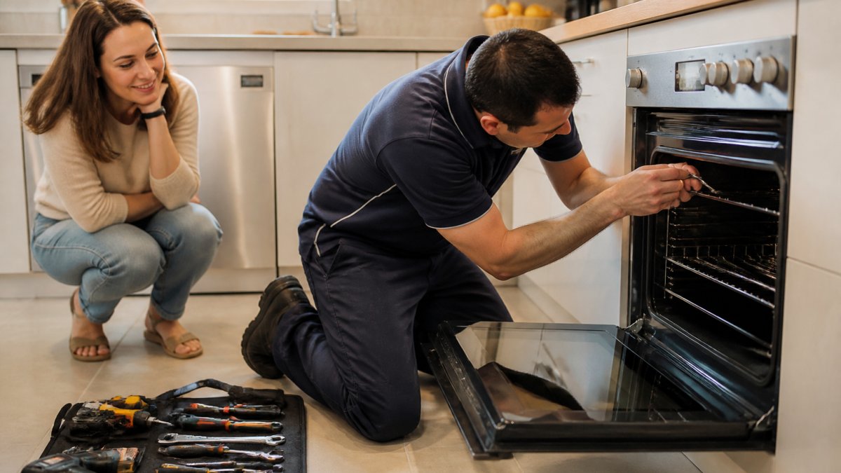A licensed appliance technician in a clean uniform kneeling in a bright kitchen, tools laid out on a mat, repairing a modern oven while a relieved homeowner watches nearby