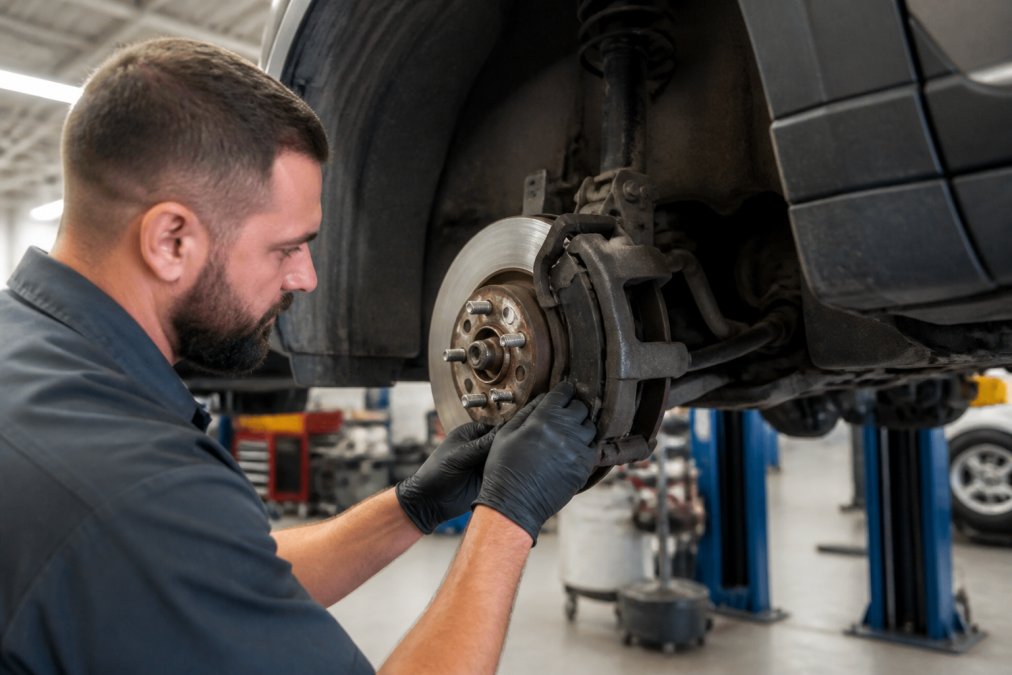 ASE-certified mechanic in a clean automotive shop inspecting brake pads on a lifted vehicle, wearing a uniform and using professional tools under bright overhead lighting