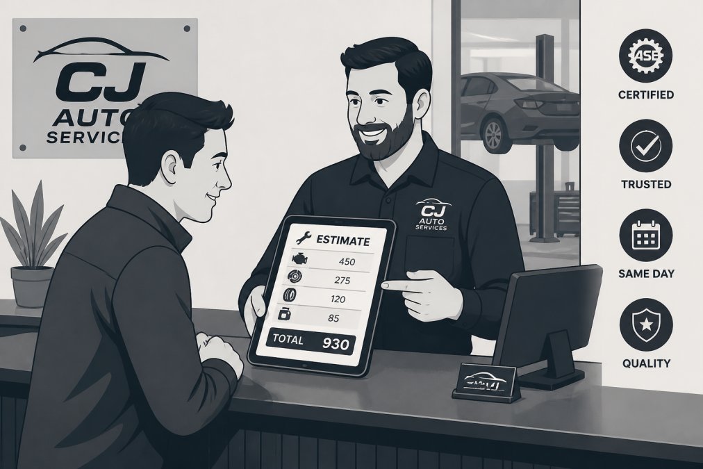 Friendly service advisor at a shop front desk showing a customer a repair estimate on a tablet, both smiling in a well-lit automotive reception area