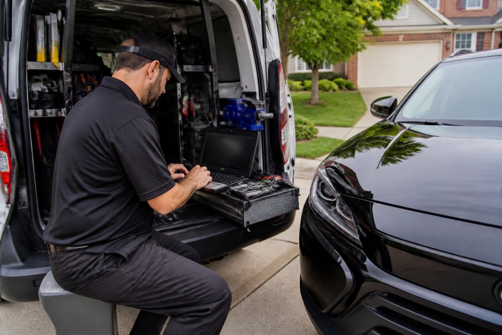 An automotive locksmith in a service van programming a car key fob with a laptop, parked in a Northern Virginia suburban neighborhood driveway, daytime