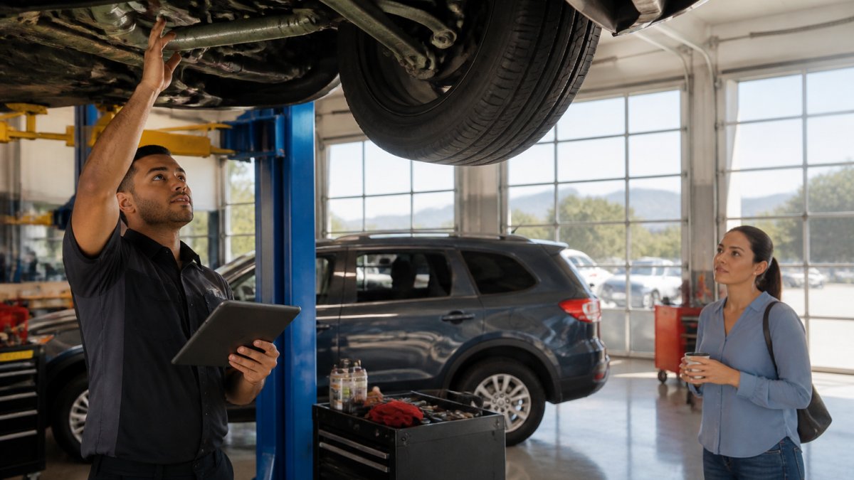 A mechanic in a clean repair bay inspecting a car's undercarriage with a tablet while a customer waits nearby with coffee, natural light streaming through shop windows