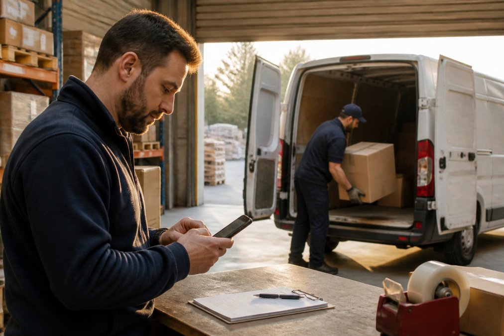 Small business owner checking a phone while a same day courier loads a package into a van in a sunlit warehouse.