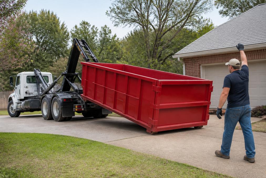 A roll-off dumpster being positioned on a residential driveway by a delivery truck with the operator guiding placement