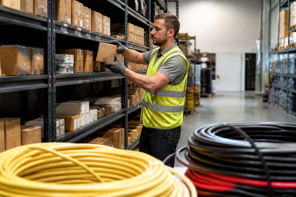 A warehouse worker in a high-vis vest pulling boxes of electrical components from a shelf, with rolls of cable in the foreground under bright industrial lighting