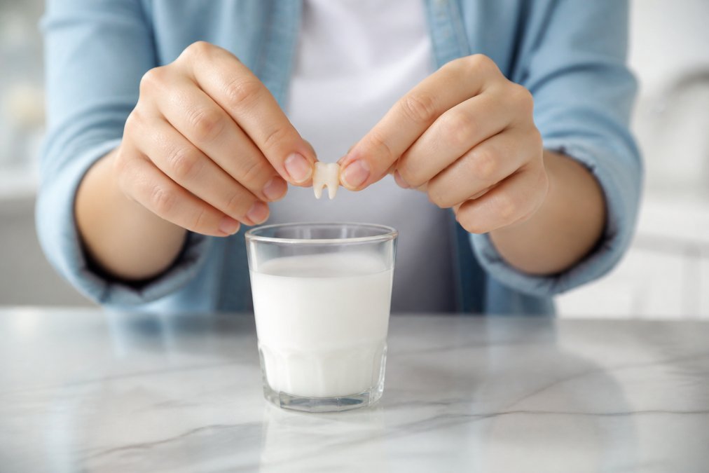 Person's hands gently holding a knocked-out tooth over a clear glass of milk, demonstrating proper emergency tooth preservation technique in natural light
