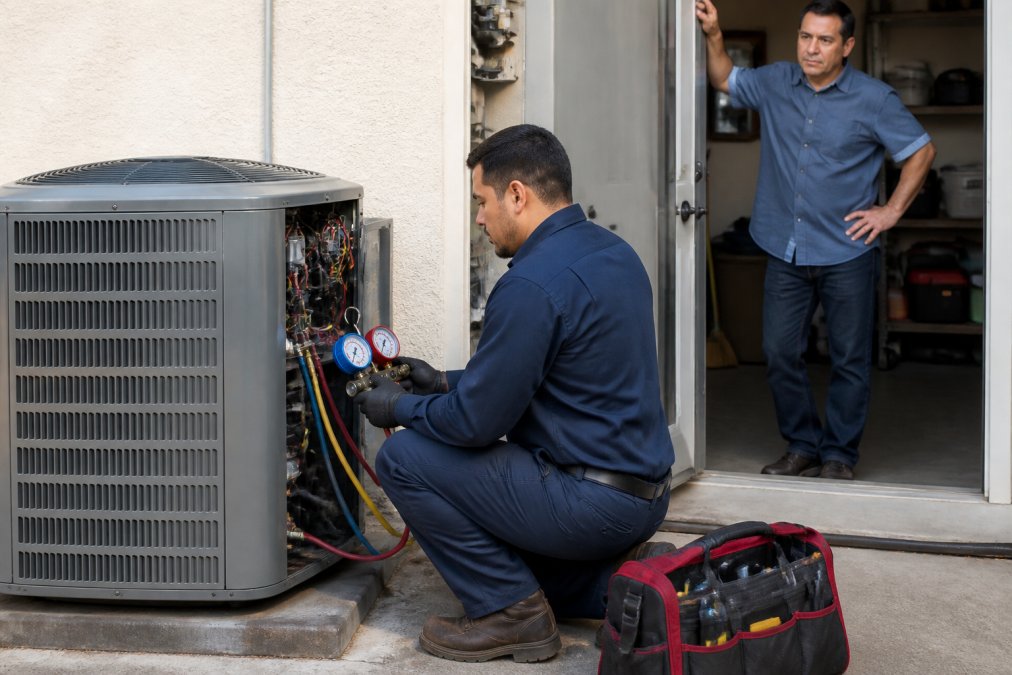 An HVAC technician in uniform kneeling beside an open residential air conditioner unit in a garage, holding a diagnostic gauge with a tool bag nearby, homeowner watching from a doorway