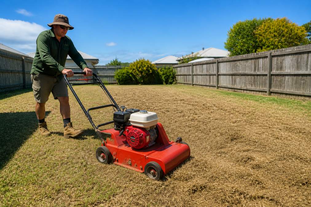 Person pushing a red lawn dethatcher on a dry residential lawn for same day equipment hire Mackay project in the sunshine.
