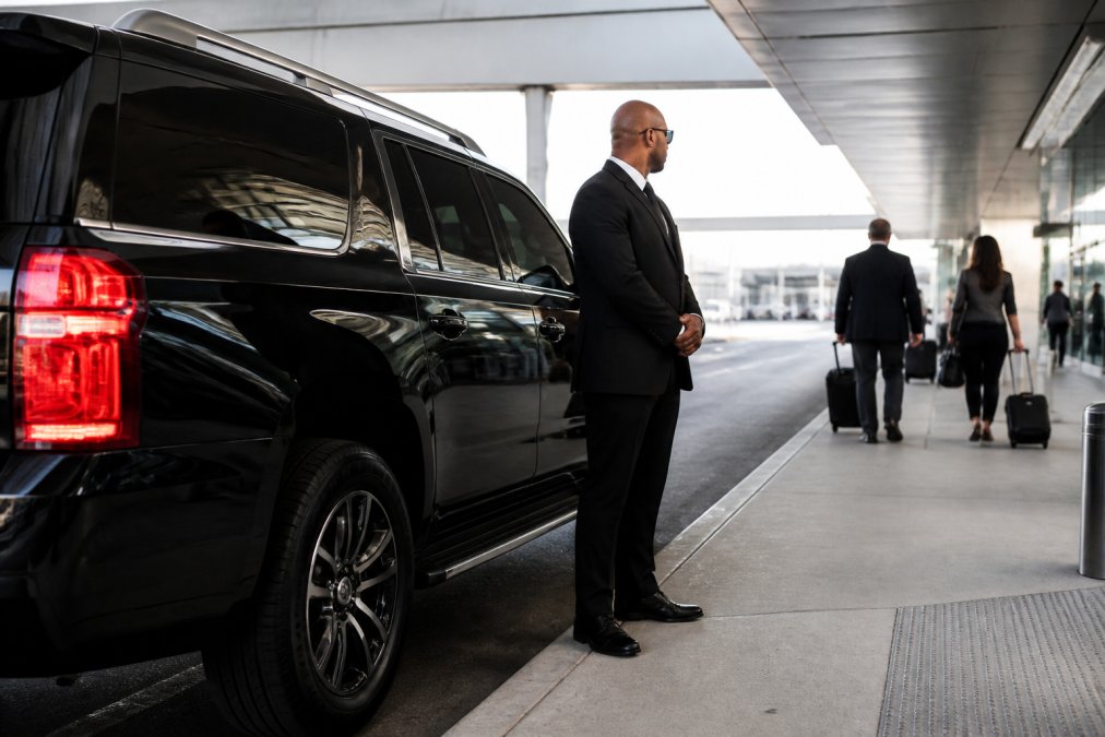 Luxury black SUV parked at airport terminal entrance with professional driver standing beside vehicle, departing passengers with luggage visible in background