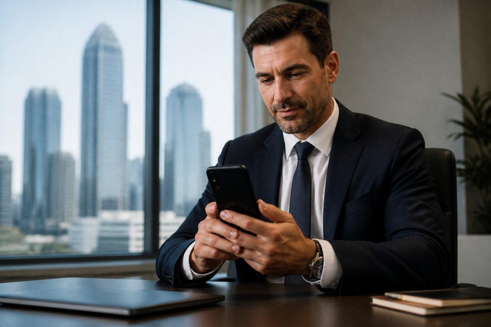 Professional business executive in suit reviewing mobile phone with car service booking confirmation displayed on screen, seated at desk in modern office environment with city skyline visible through windows
