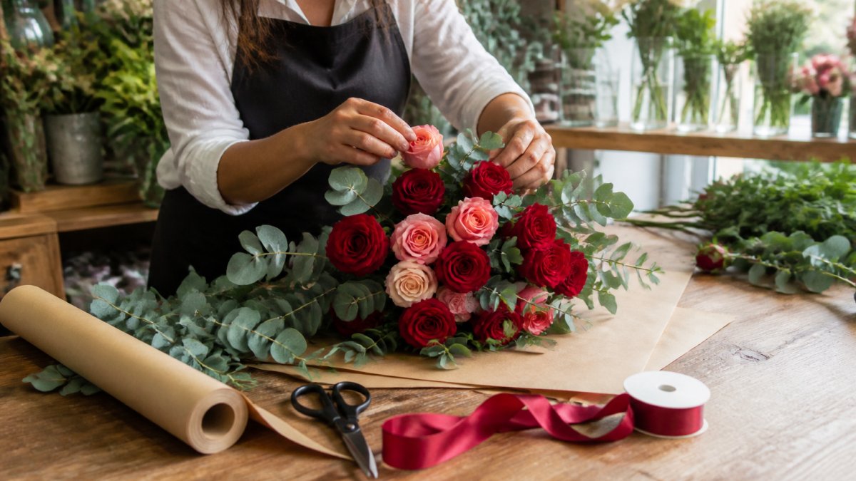 A florist's hands arranging a bouquet of fresh roses and eucalyptus on a wooden workbench in a bright shop, scissors and satin ribbon beside a roll of kraft paper