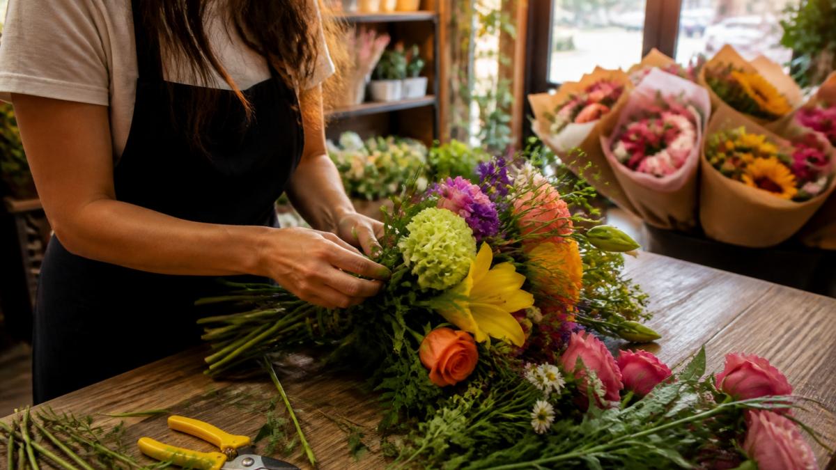 A friendly local florist in an apron arranging a vibrant bouquet of fresh seasonal flowers at a wooden counter inside a bright flower shop, wrapped bouquets ready for delivery stacked in the background, warm afternoon light through the front window