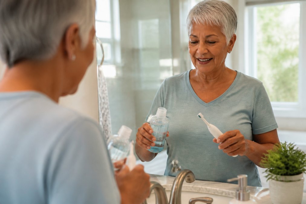 Patient demonstrating proper oral hygiene routine with specialized implant care tools and antimicrobial rinse near a bathroom sink with natural lighting