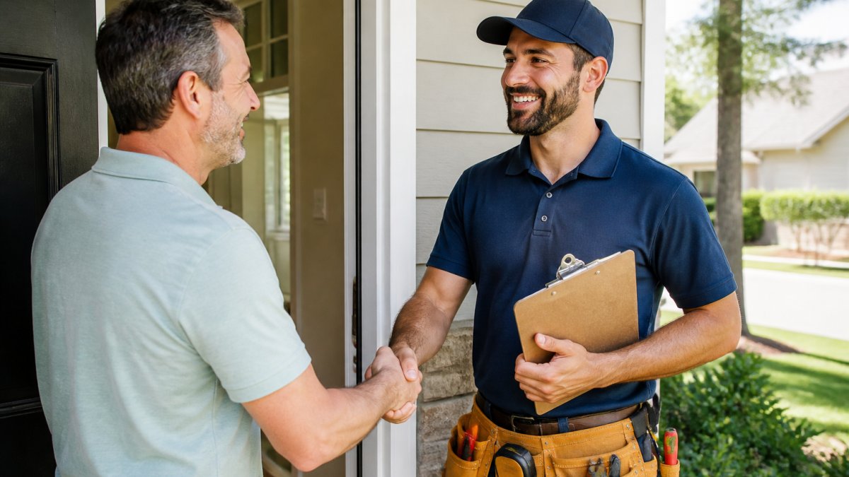 Professional handyman shaking hands with homeowner at front door, both smiling, handyman holding clipboard with toolbelt visible, natural daylight